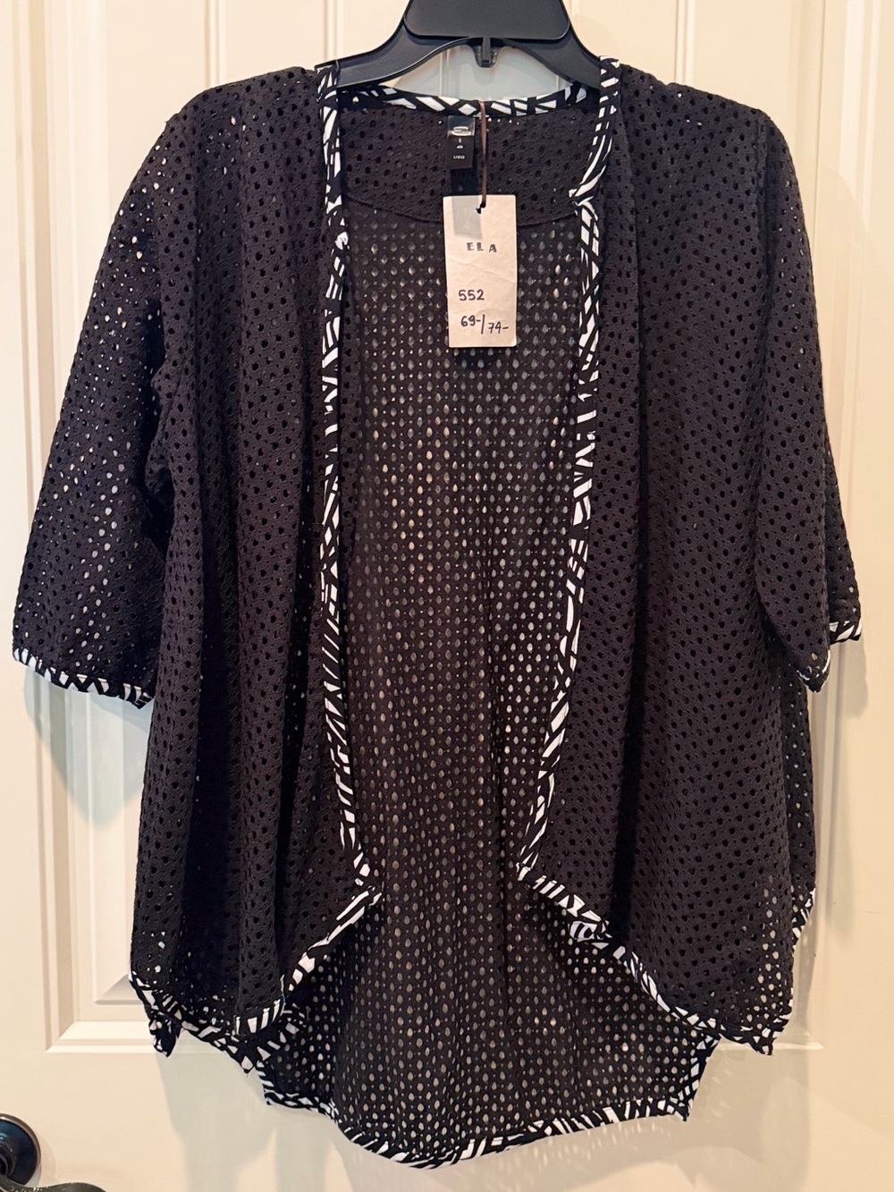 ELA USA OS Women’s Black Open Cardigan Swim Coverup with Contrast Trim Summer